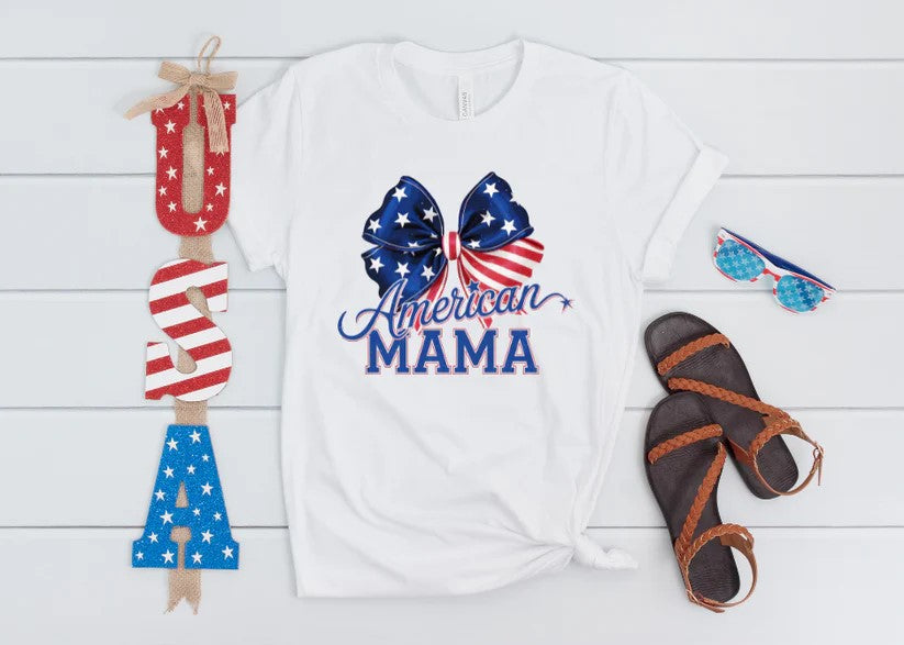 🇺🇸 American Mama Tee with American Flag Bow – Proud, Patriotic, and Stylish!