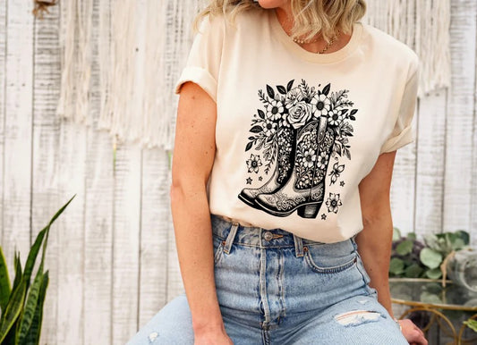 🌸 Boots & Blooms Tee – A Perfect Pair of Style and Nature!
