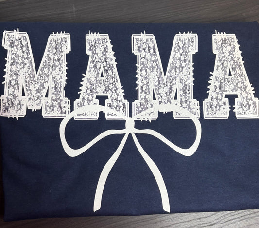 💖 Mama White Lace Print Tee with Bow – Elegant and Proud!