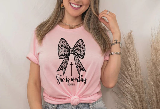 💖 She Is Worthy Tee – Faith, Strength, and Style! ✝️