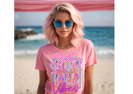 🎀 Summer Vibes Tee with Pink Checkered Bow – Fun, Fresh, and Fabulous!