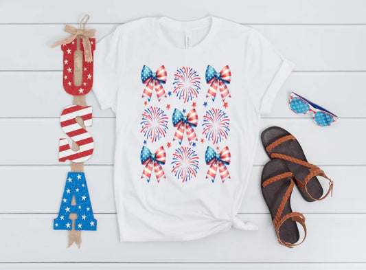 🎆 Fourth of July Tee with Bows & Firecracker Graphics – Sparkle and Shine this Independence Day!
